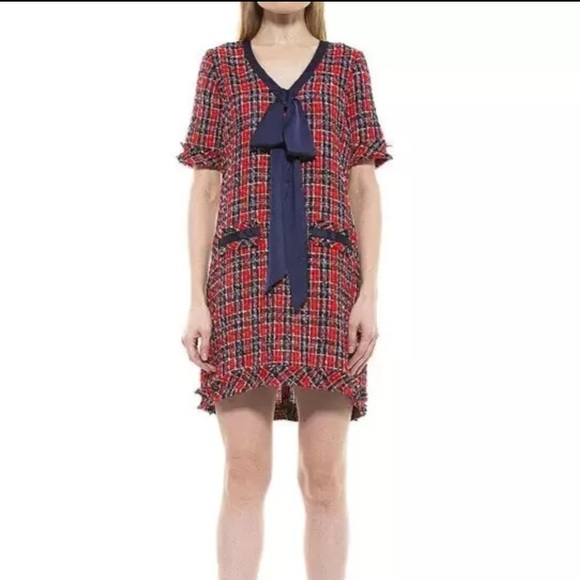 Alexia Amor Tweed Bow Tie Shift Dress In Blue Red Women's Size 6 - Picture 1 of 8